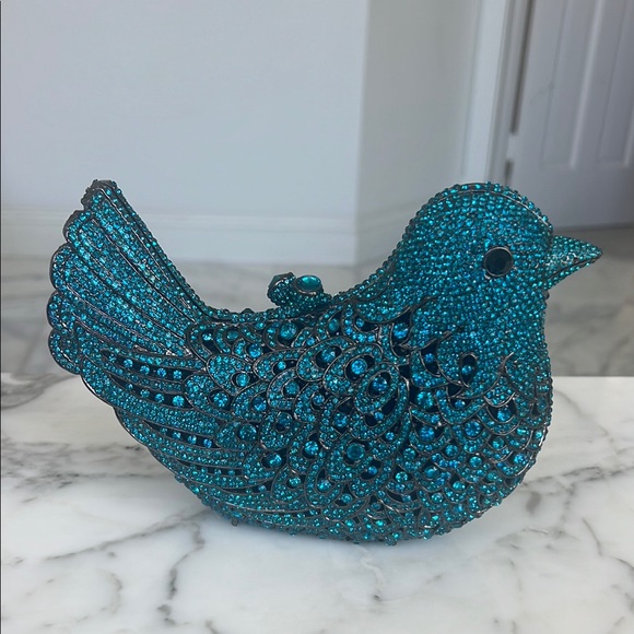 Elegant Rhinestone Blue Bird Clutch with cross body strap